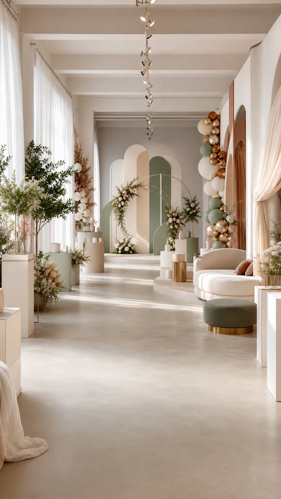 Showroom visitabile con archi, fondali, pedane e allestimenti coordinati