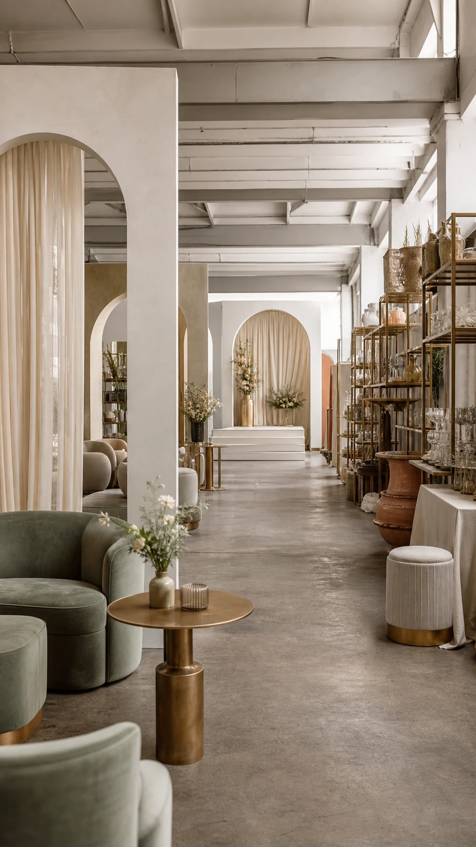 Showroom visitabile con arredi salvia, archi, pedane e strutture a noleggio