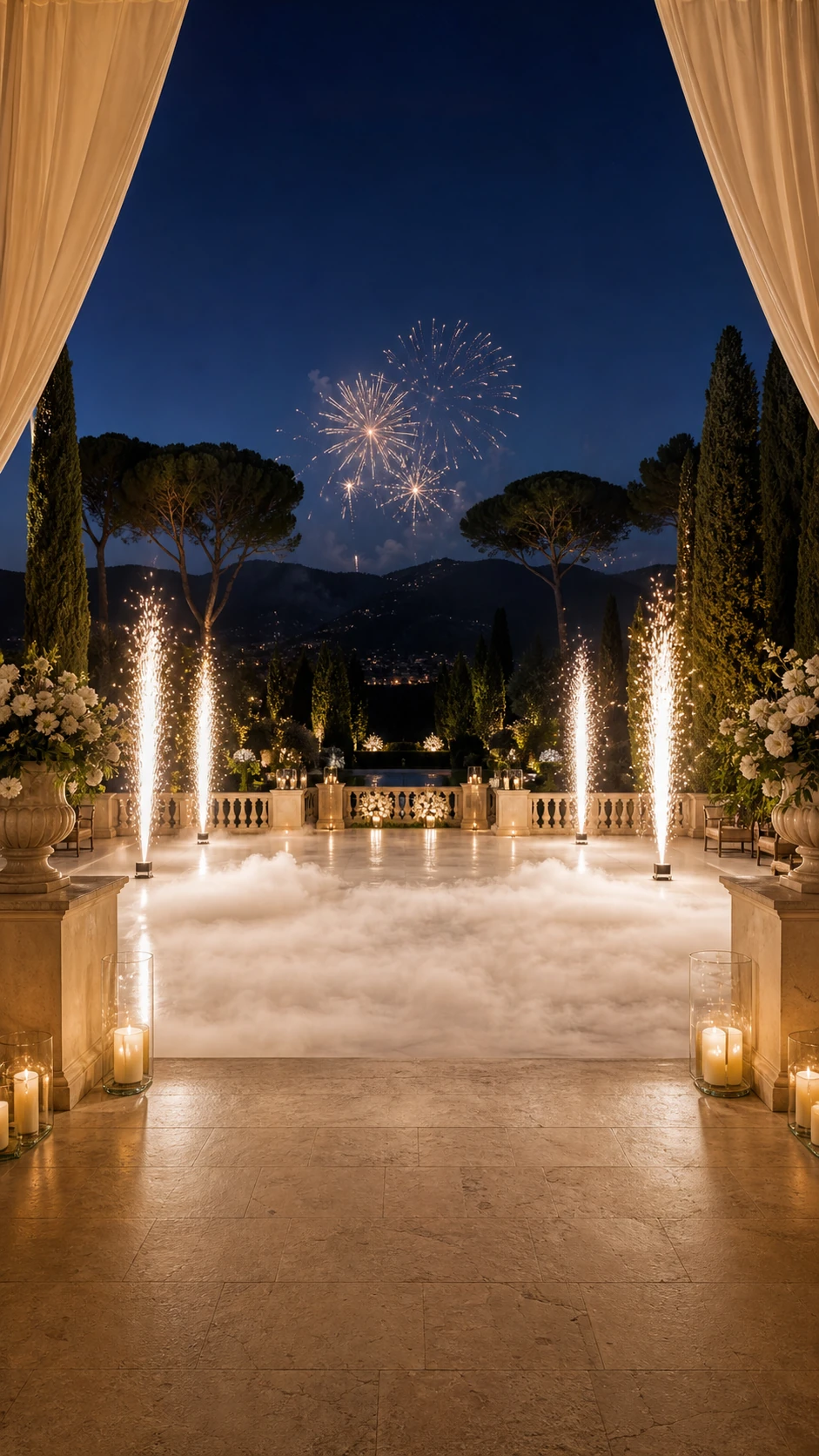 Terrazza per eventi con fontane fredde, fuochi d’artificio e fumo basso sul pavimento