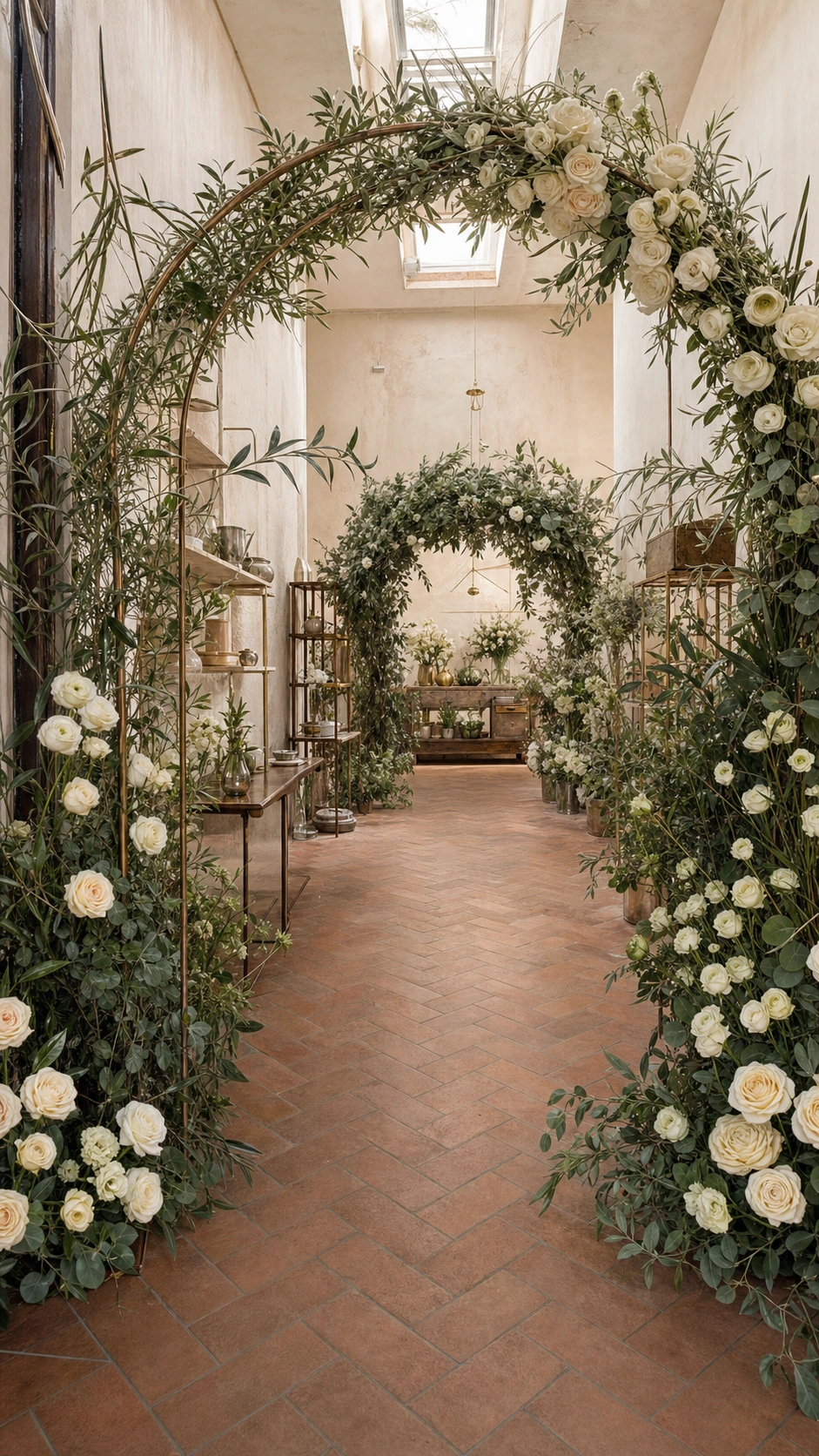 Ingresso visitabile dell'atelier floreale con archi avorio e salvia