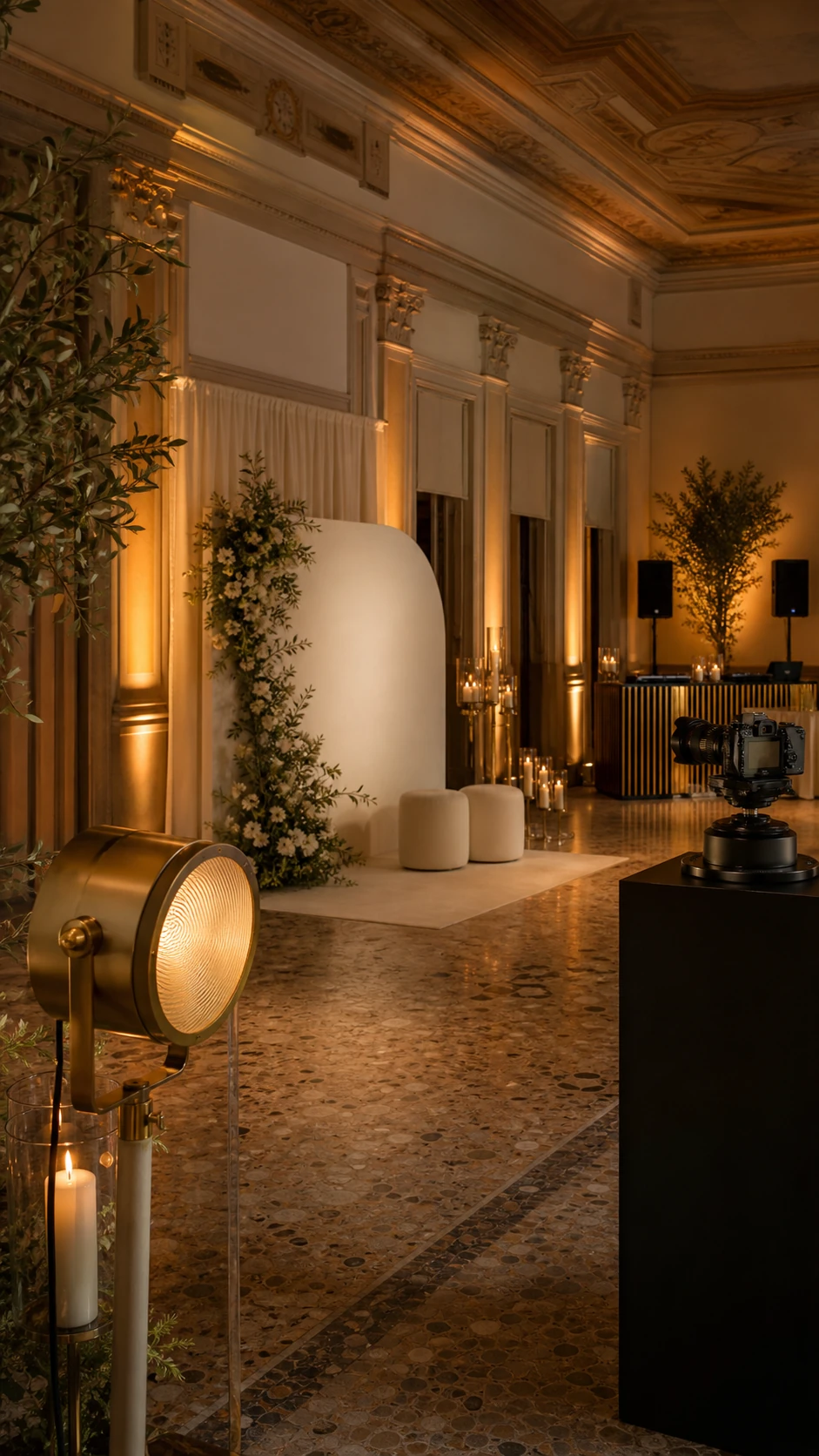 Sala serale visitabile con luci decorative, postazione fotografica e intrattenimento